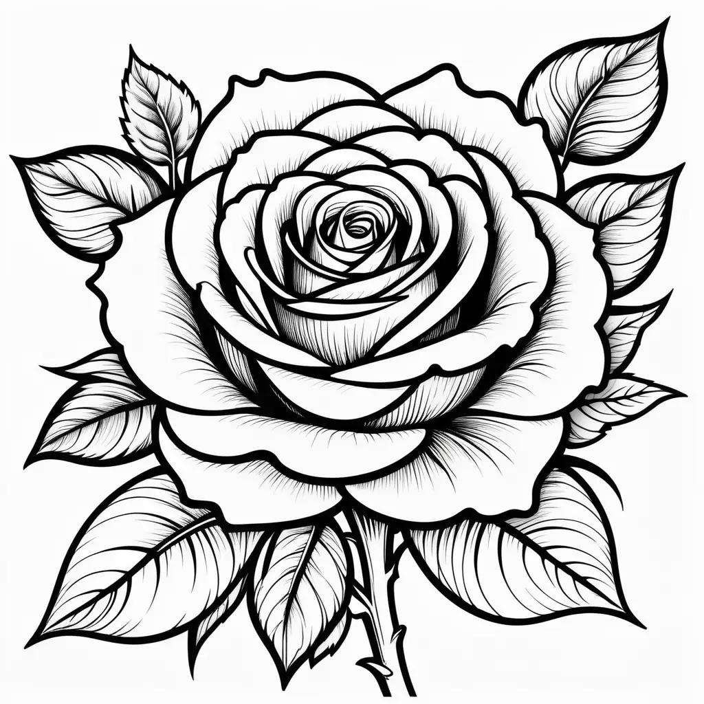 black and white rose coloring page with a stem and leaves