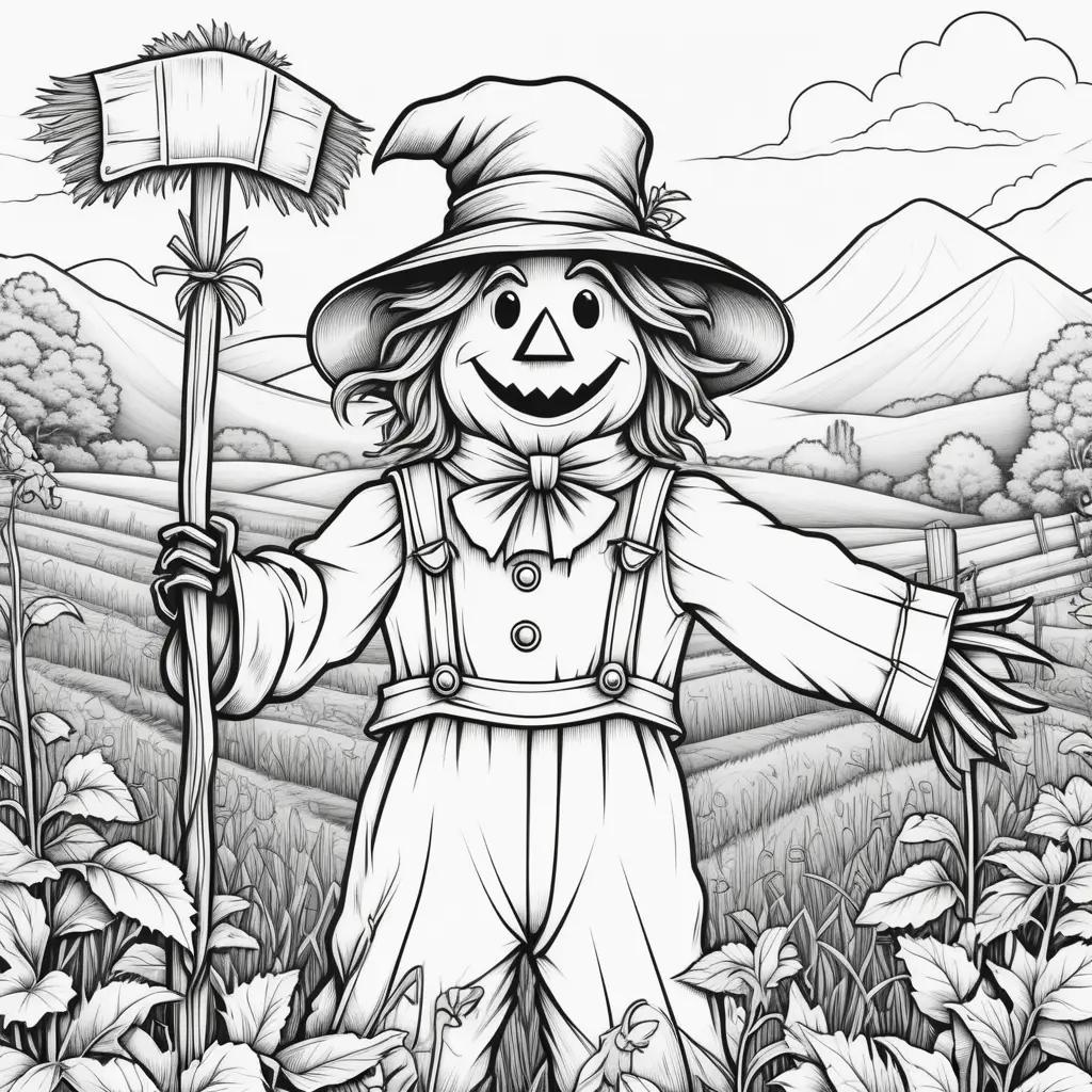 black and white scarecrow coloring page in the field