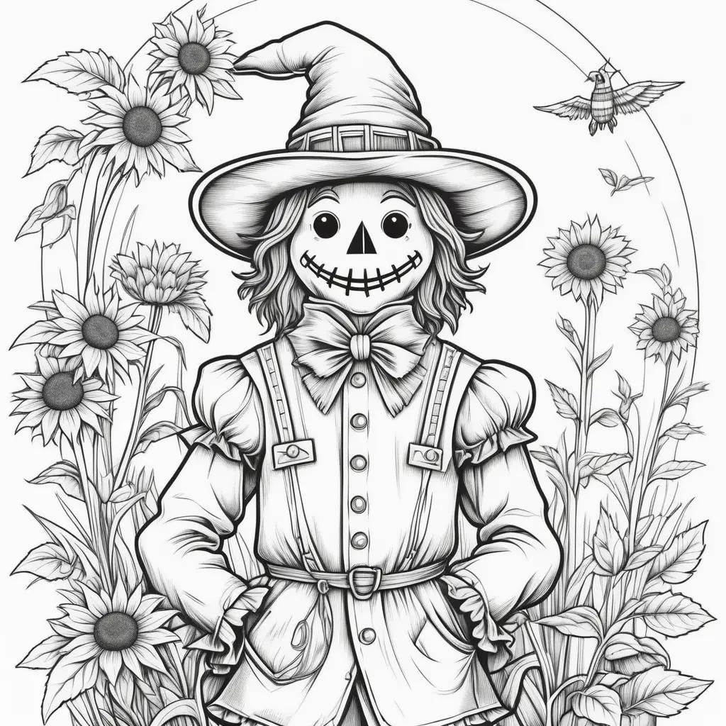 black and white scarecrow coloring page with a smiling face