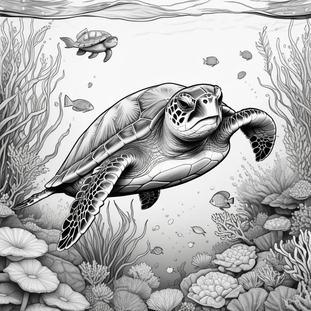 black and white sea turtle coloring page with fish and coral