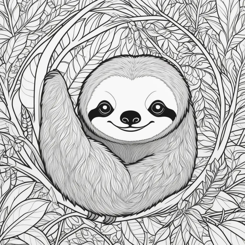 black and white sloth coloring page with leaves and branches