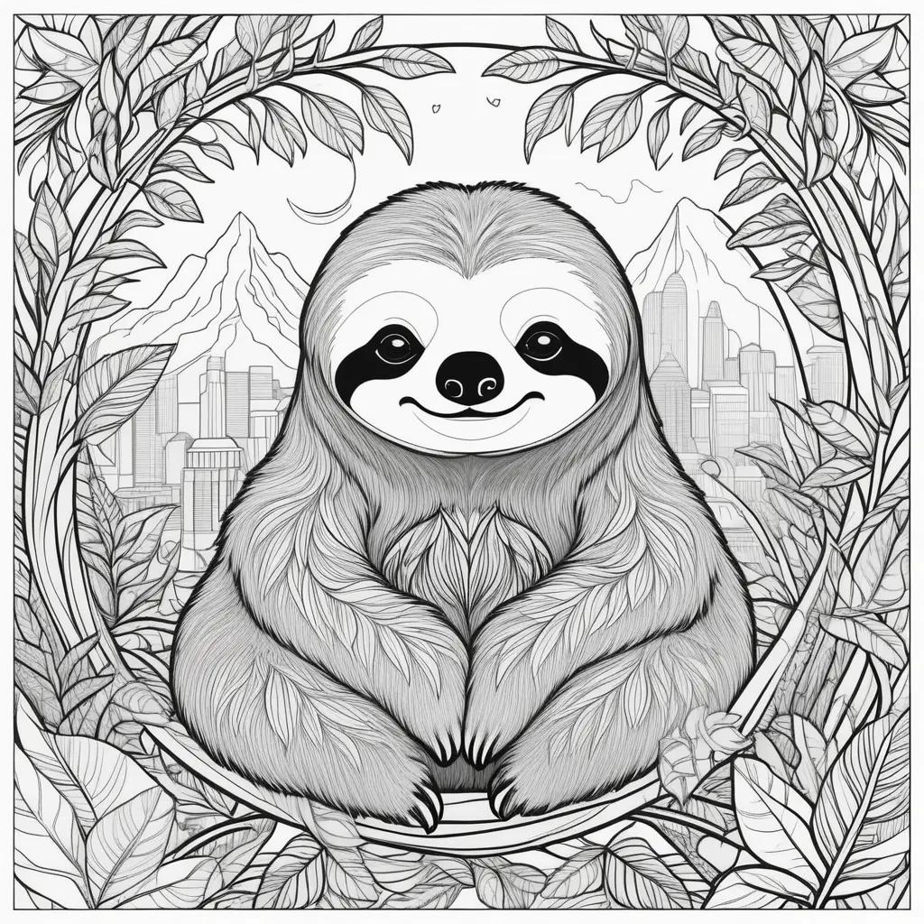 black and white sloth coloring page with leaves