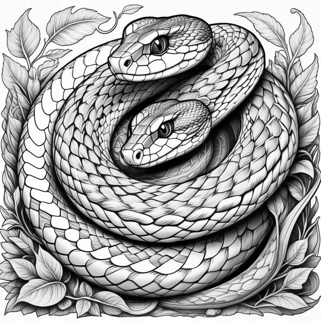 black and white snake coloring page with leaves