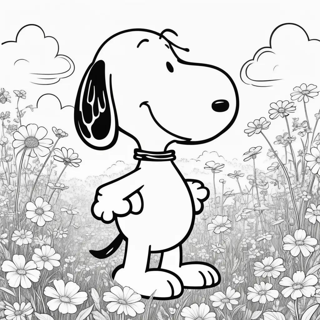 black and white snoopy coloring page in a flower field