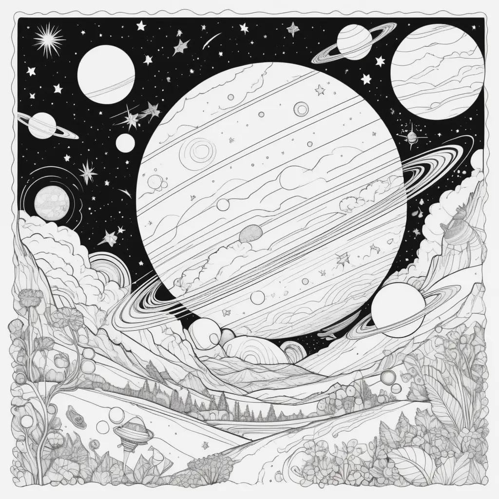 black and white space coloring page features planets, stars, and planets