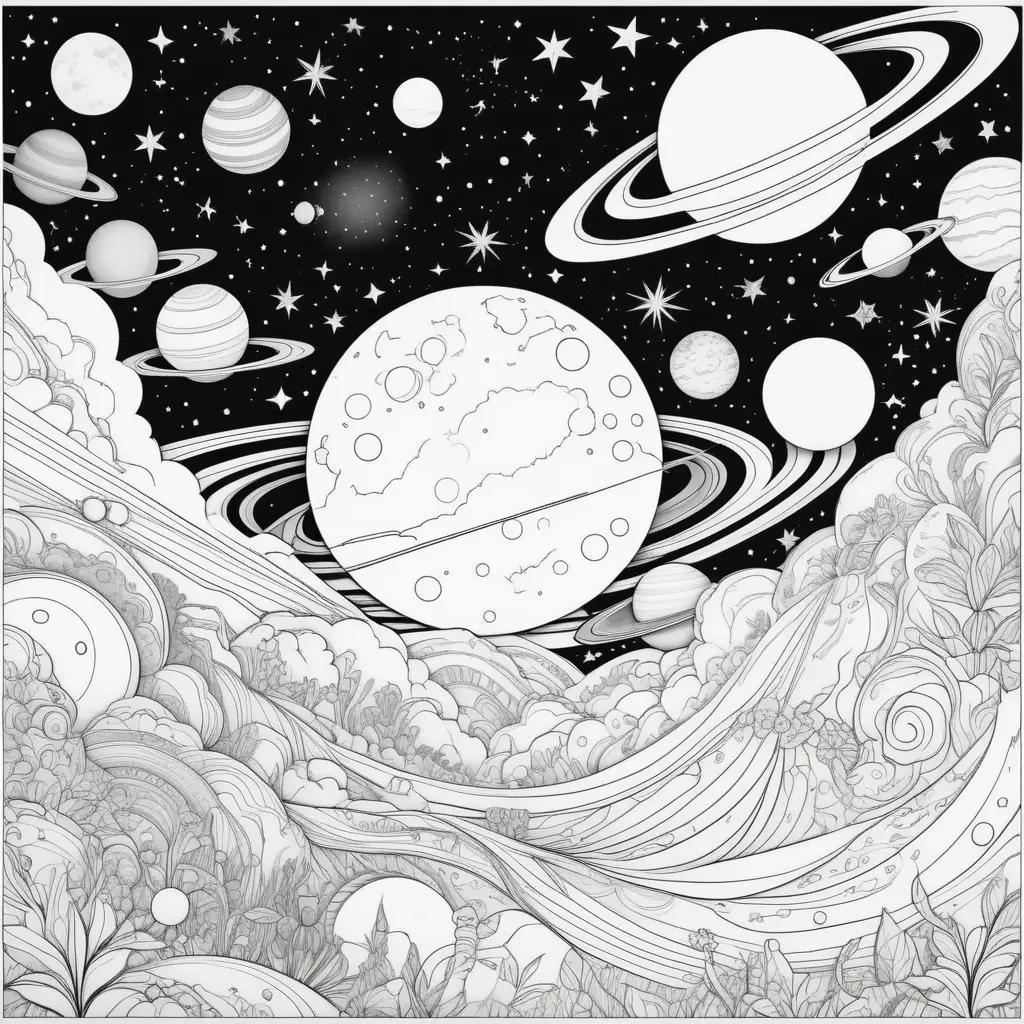 black and white space coloring page features planets and stars