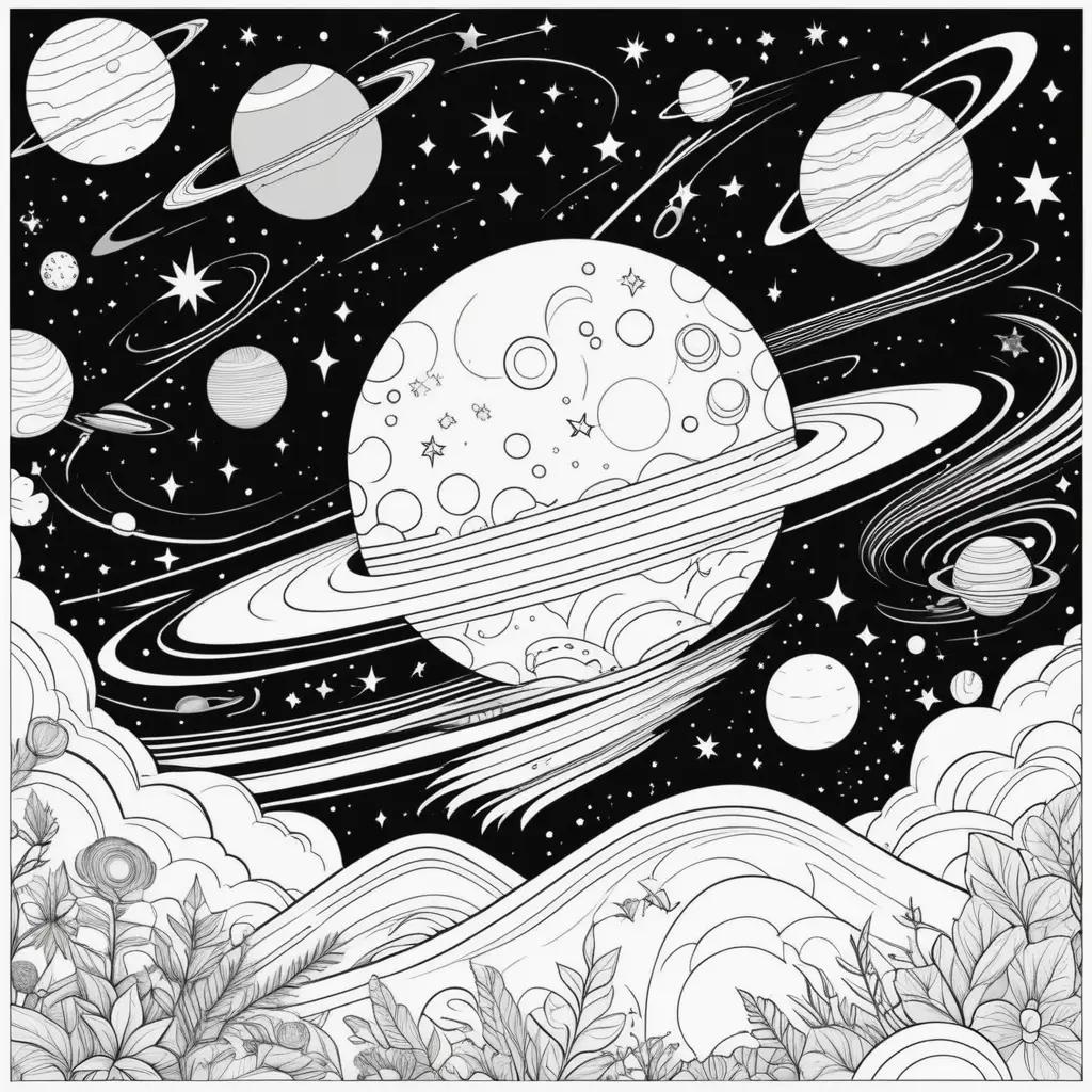 black and white space coloring page with planets and stars