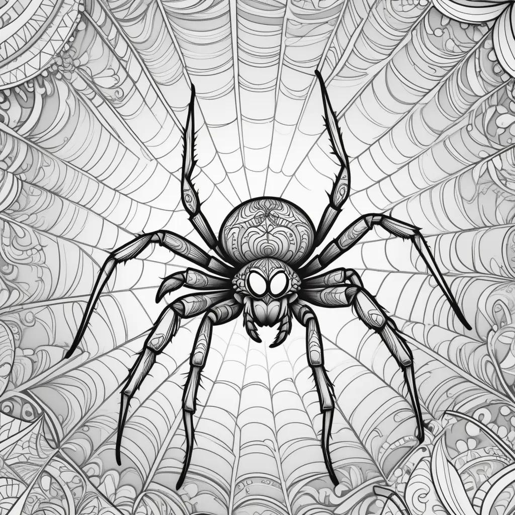 black and white spider coloring page with intricate details