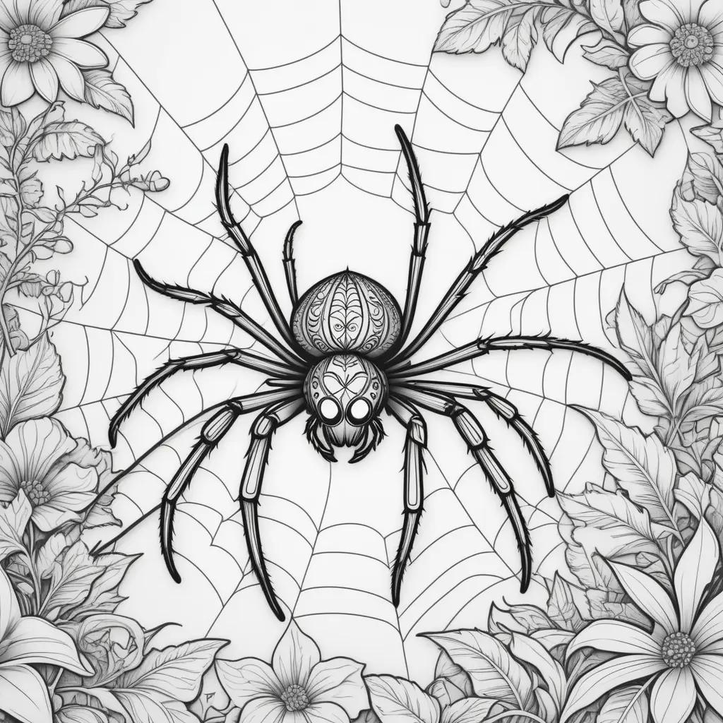 black and white spider on a flower-covered page