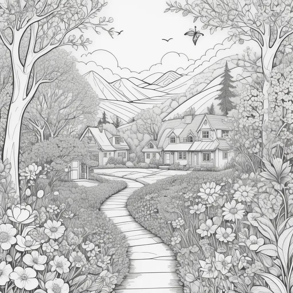 black and white spring color page shows a path through a wooded area