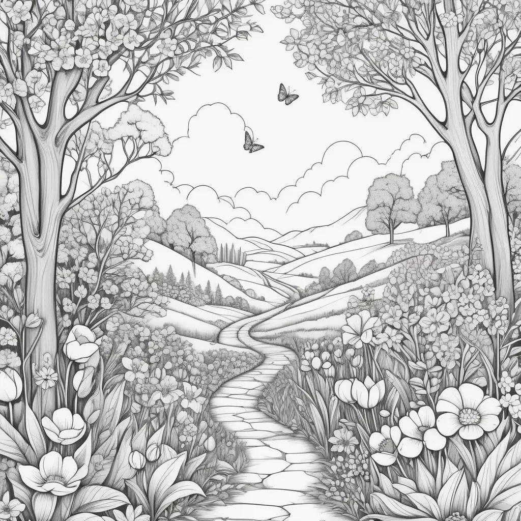 black and white spring coloring page shows a path and flowers