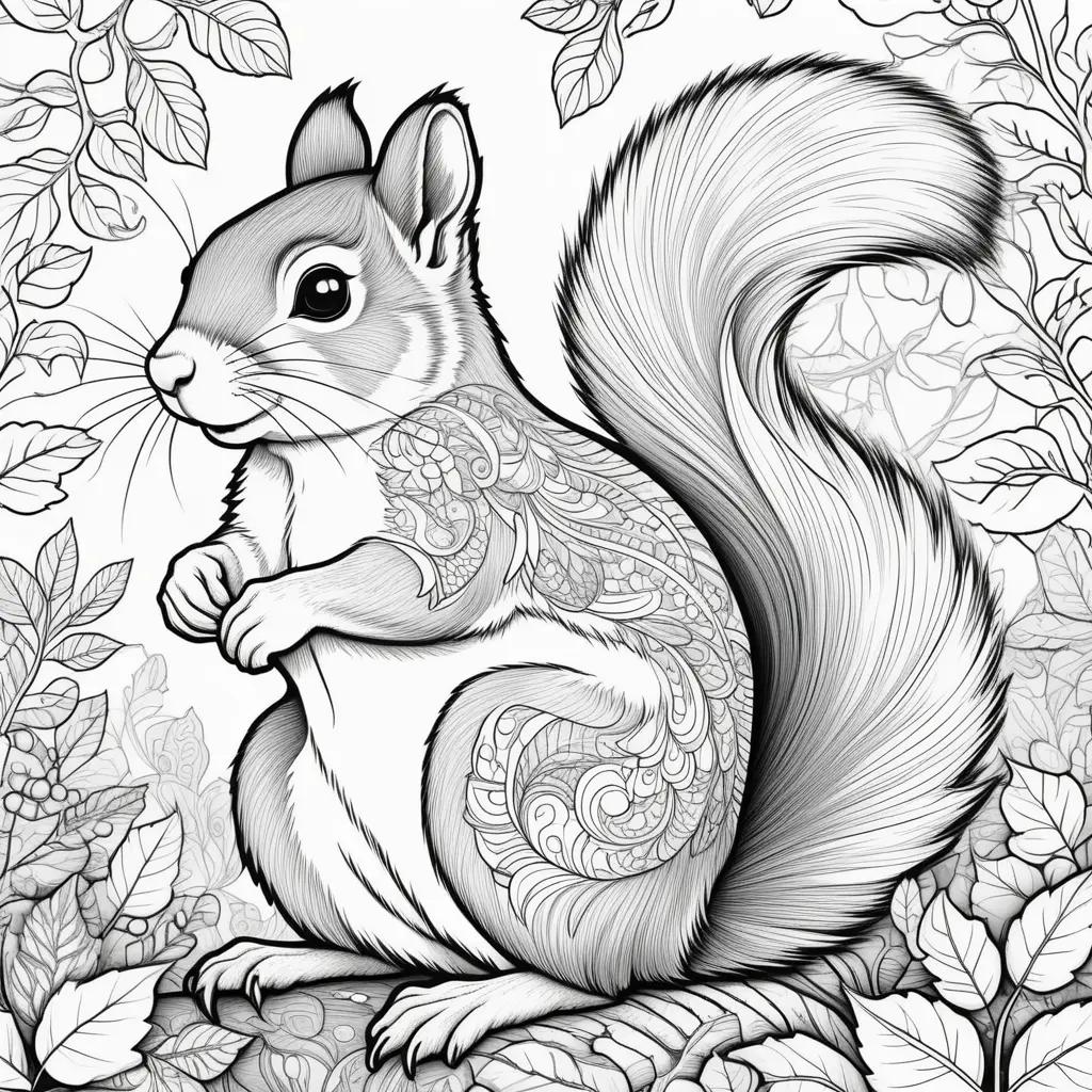 black and white squirrel coloring page features a tree and leaves