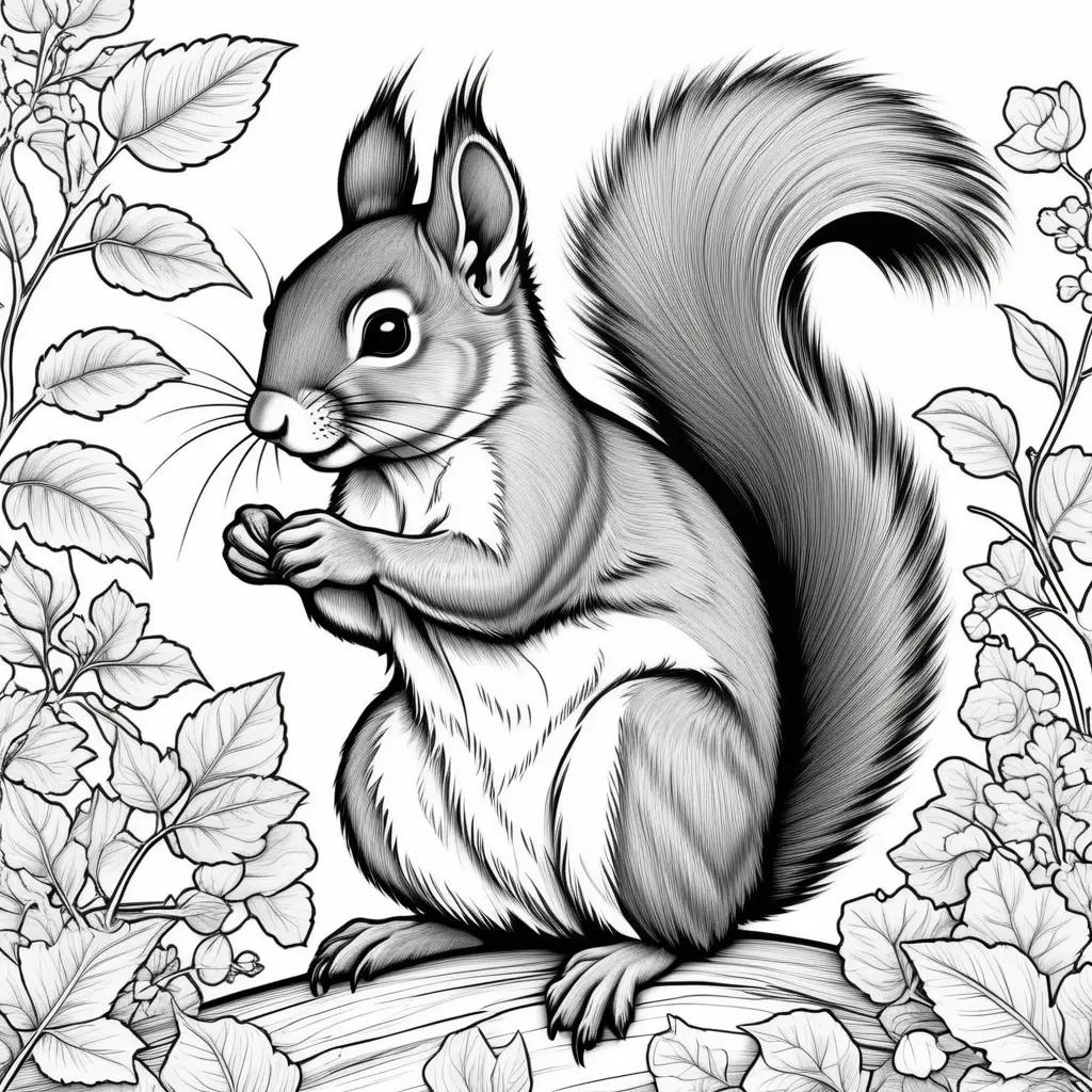 black and white squirrel coloring page with leaves