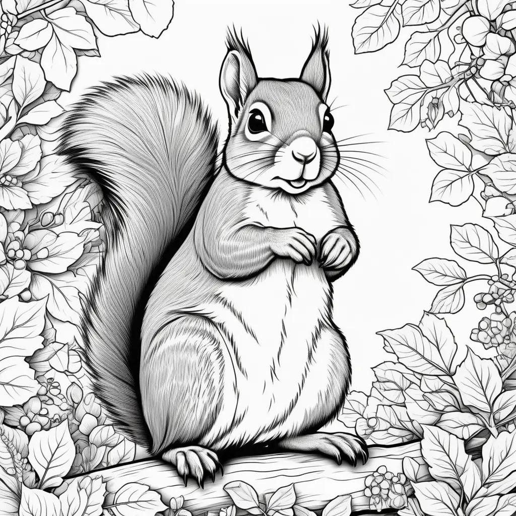 black and white squirrel coloring page with leaves