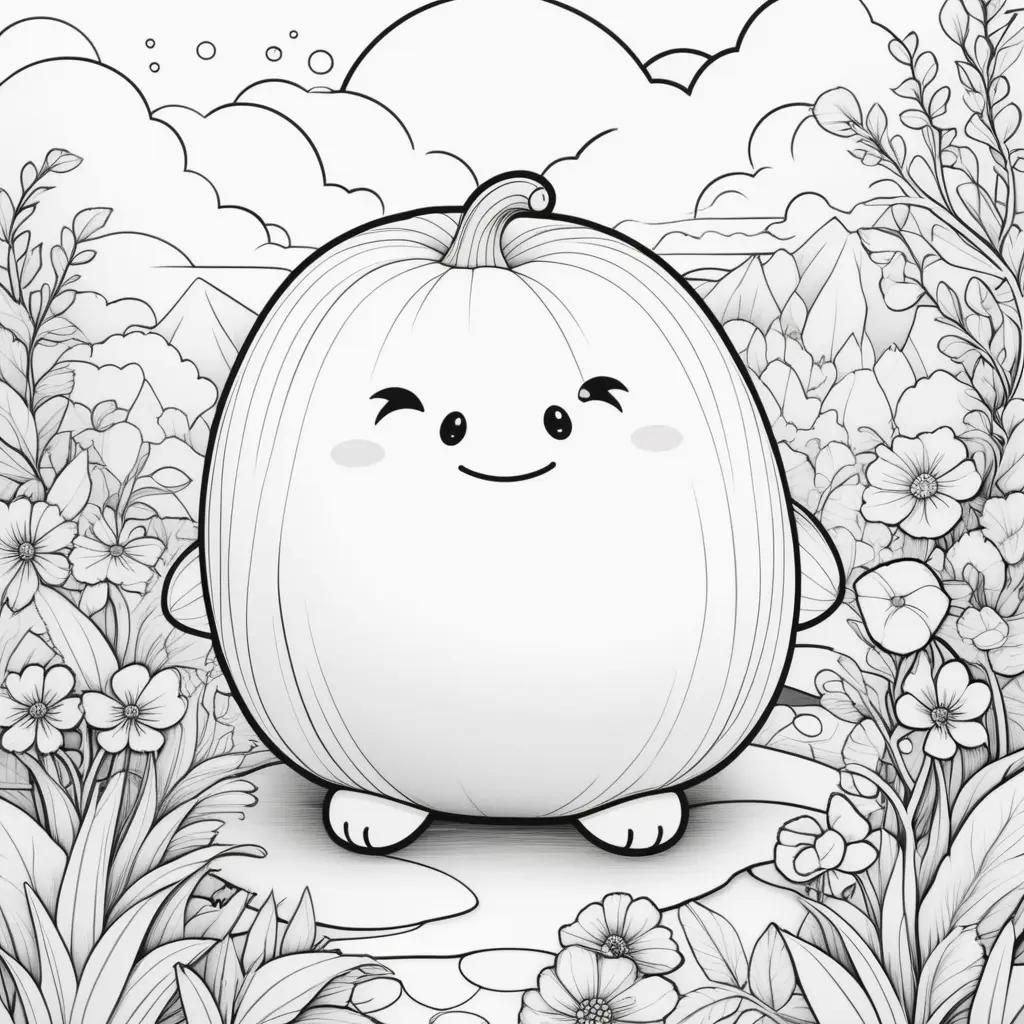 black and white squishmallow coloring page with flowers and clouds in the background