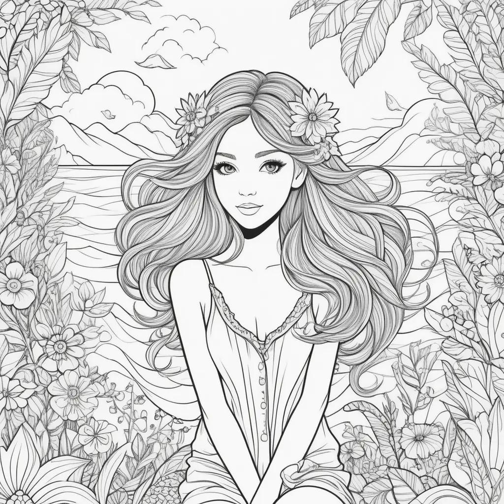 black and white summer color page with flowers and leaves