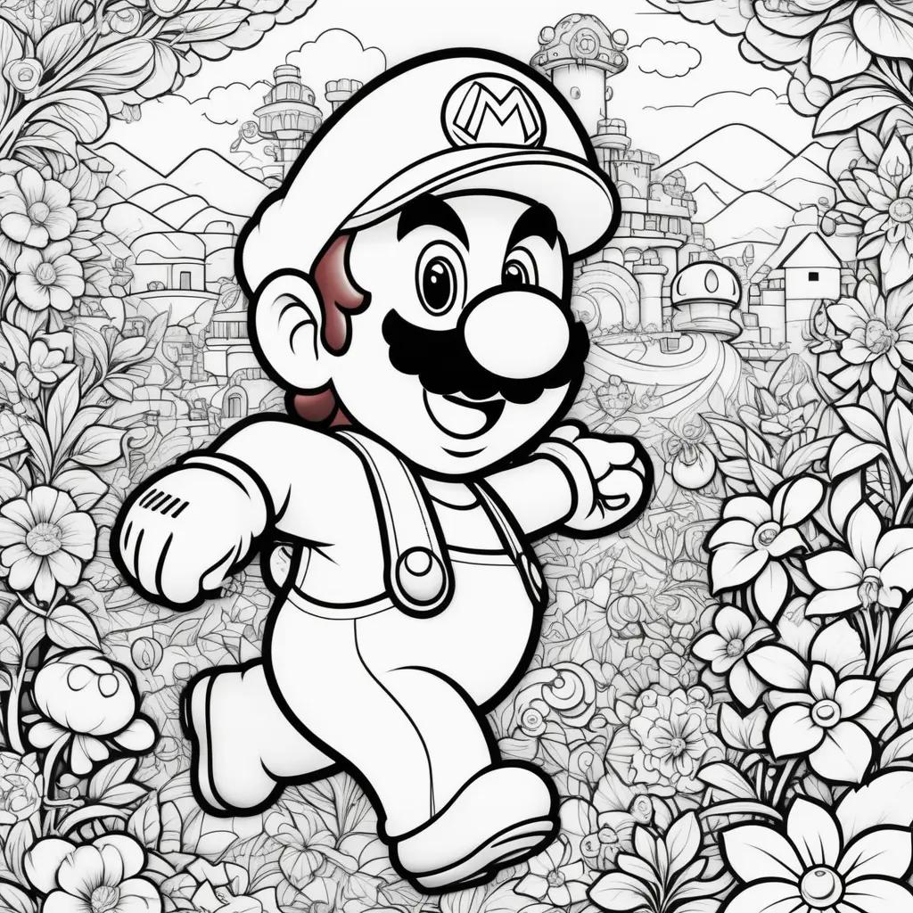 black and white super mario coloring page with flowers