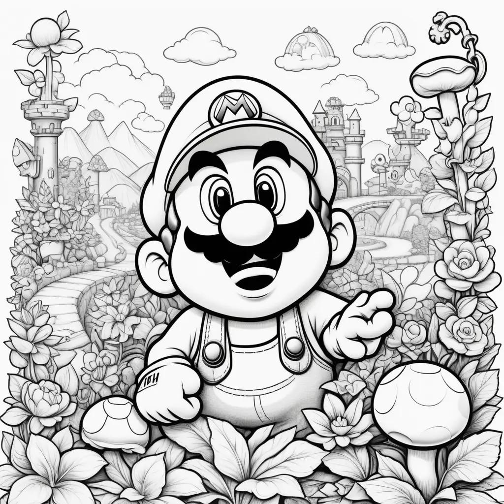 black and white super mario coloring page with mushrooms