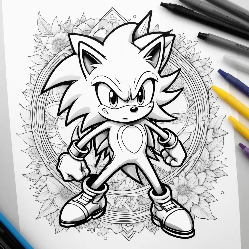 black and white super sonic coloring page with colored pencils