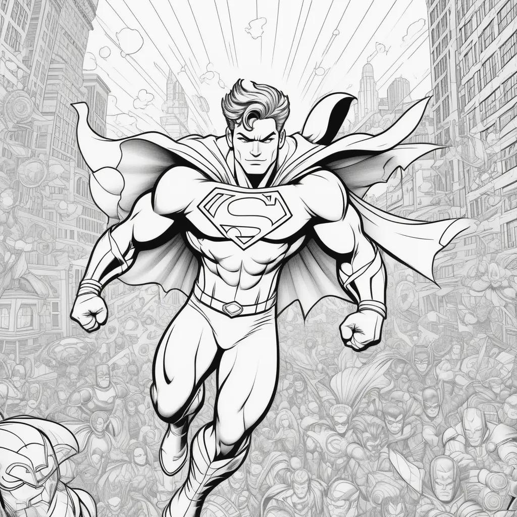 black and white superhero coloring page features a man flying