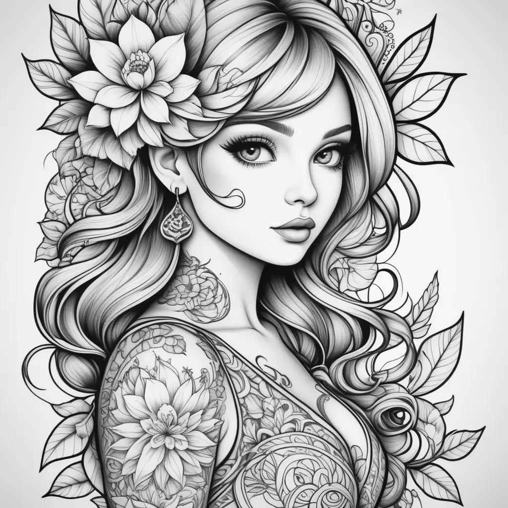 black and white tattoo coloring page of a girl with a flower and earrings