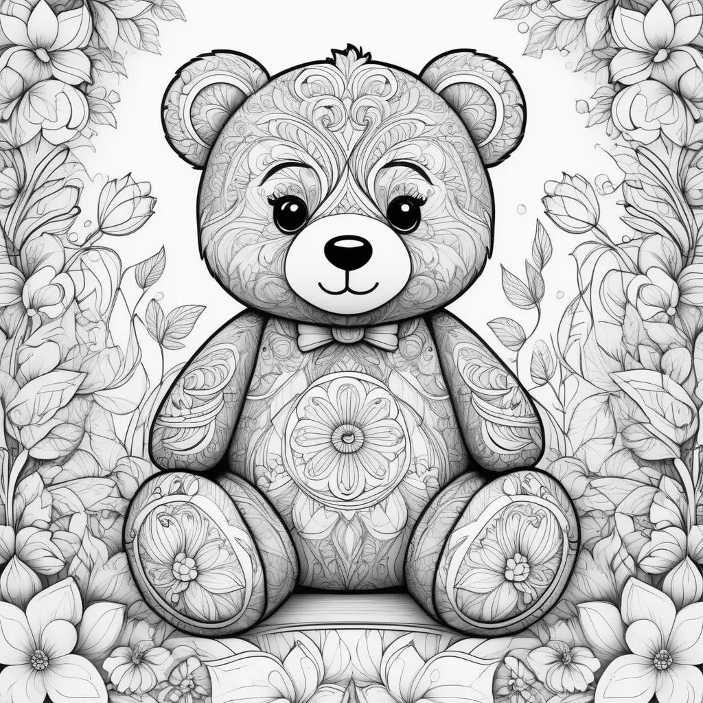 black and white teddy bear coloring page with a bow tie