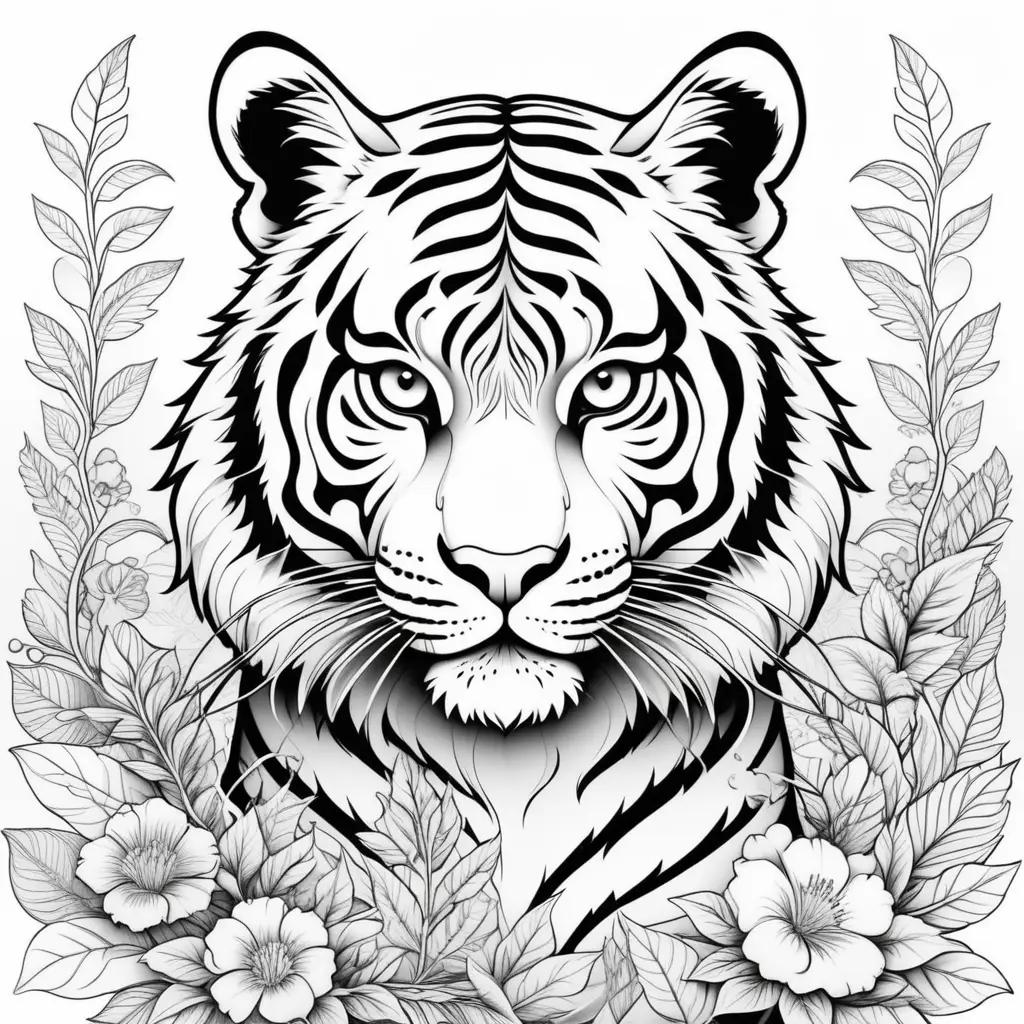 black and white tiger coloring page with flowers