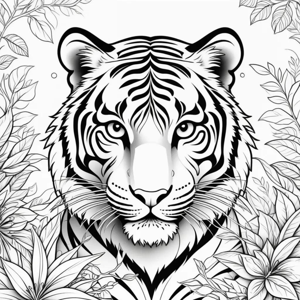 black and white tiger coloring page with flowers