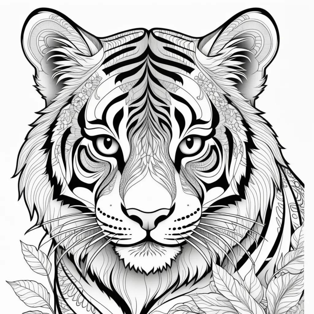 black and white tiger coloring page with leaves