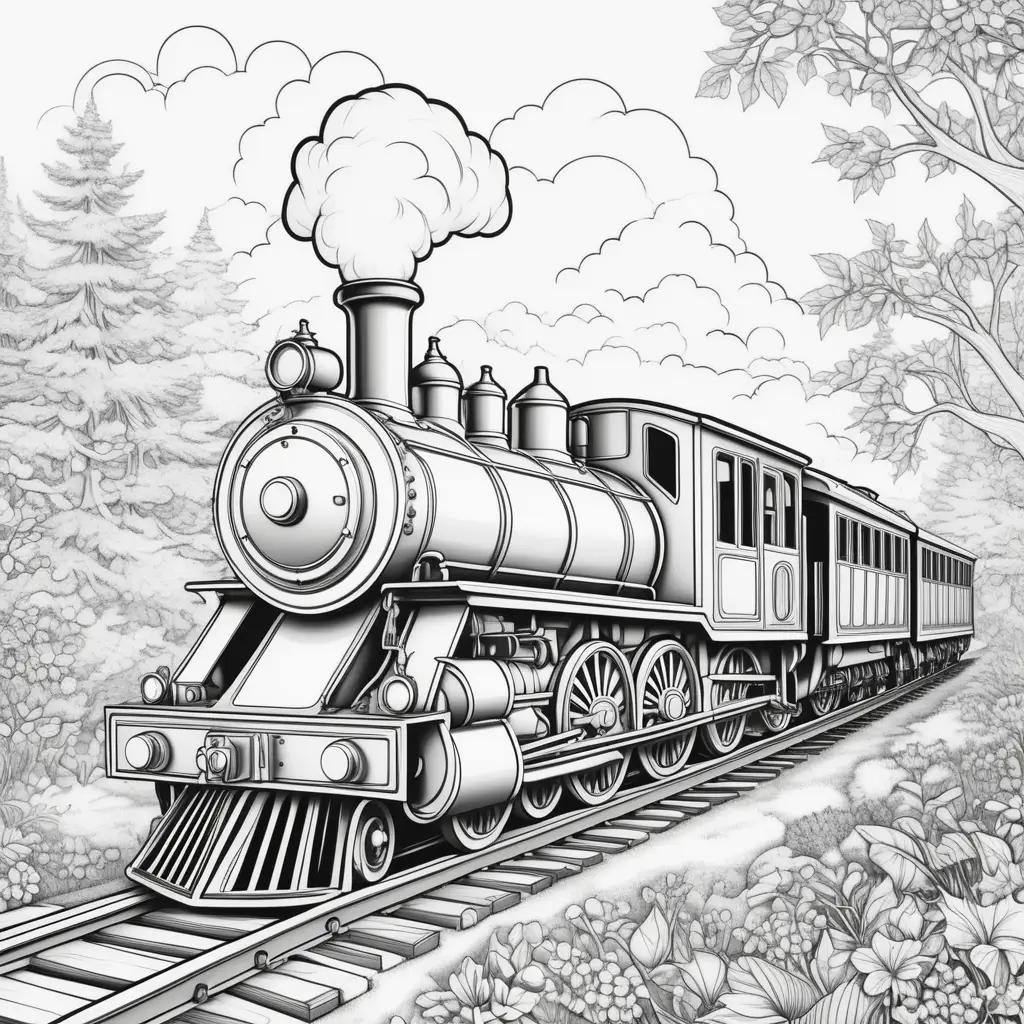 black and white train coloring page with a forest background