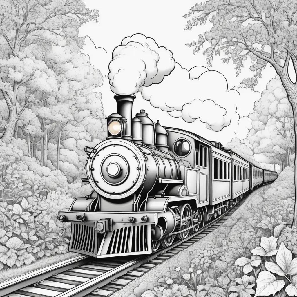 black and white train on tracks through a forest