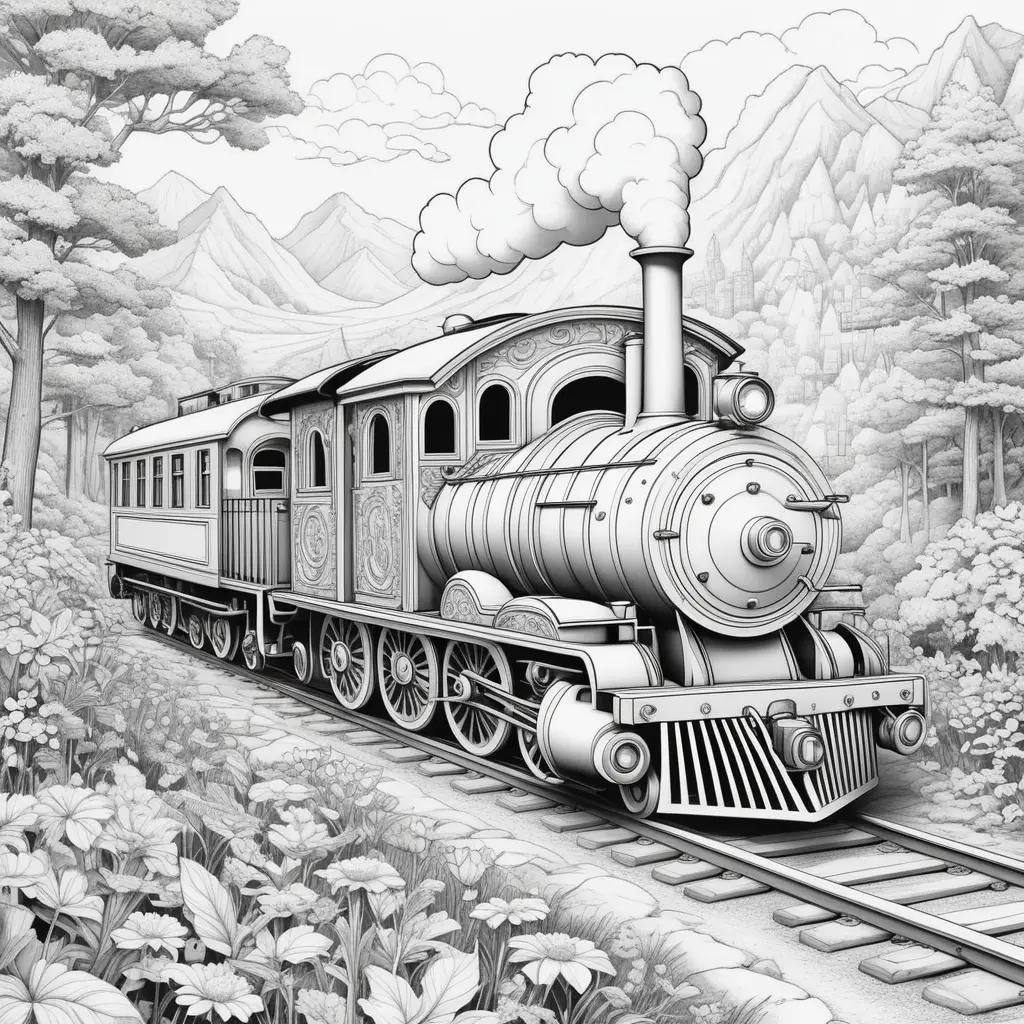 black and white train travels through the woods