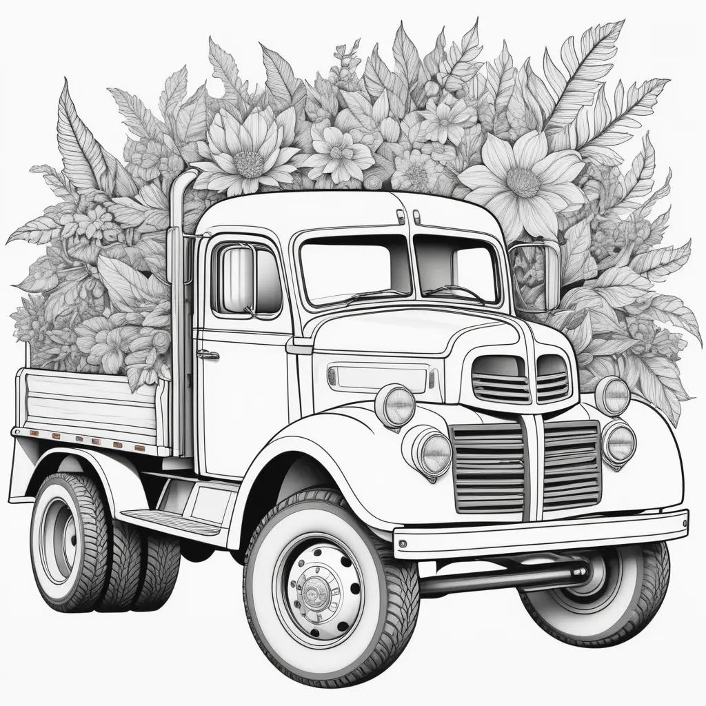 black and white truck coloring page with flowers