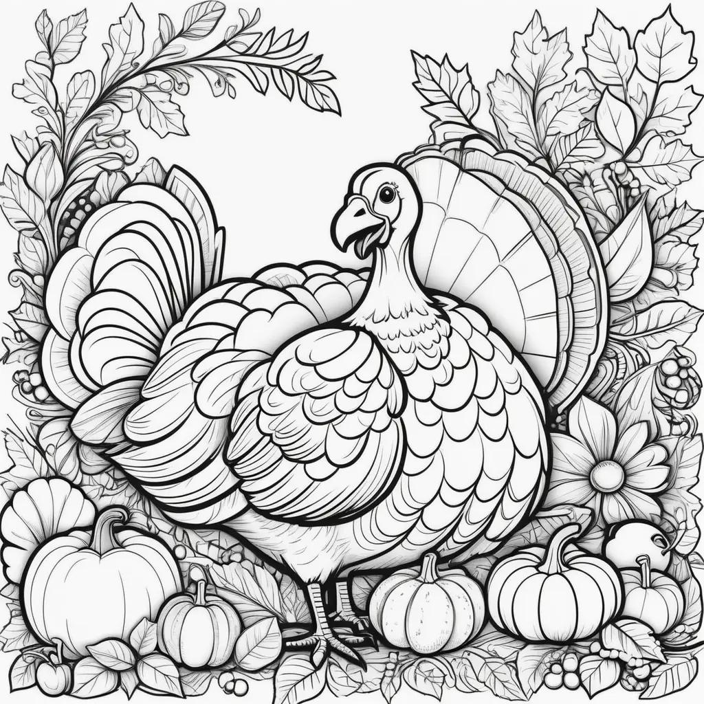 black and white turkey and pumpkins on a Thanksgiving coloring page