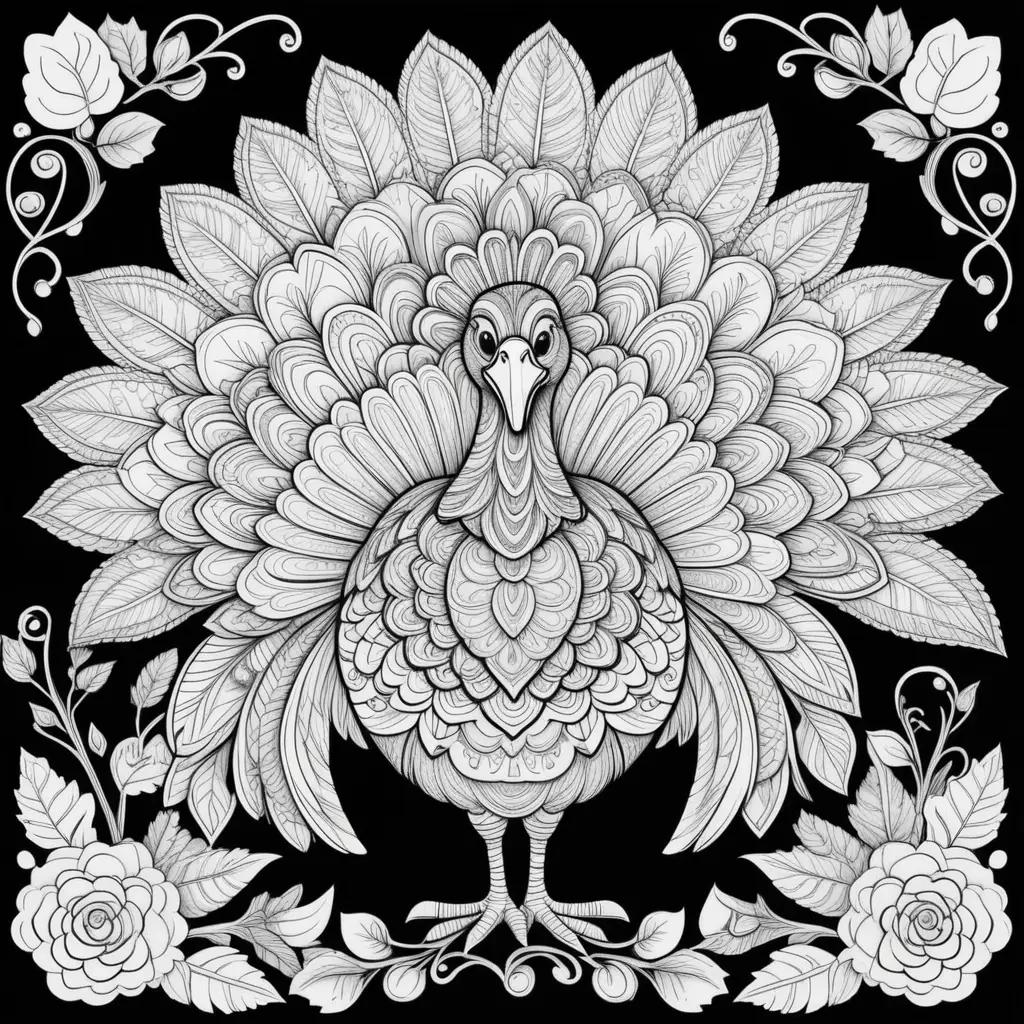 black and white turkey coloring page with intricate design