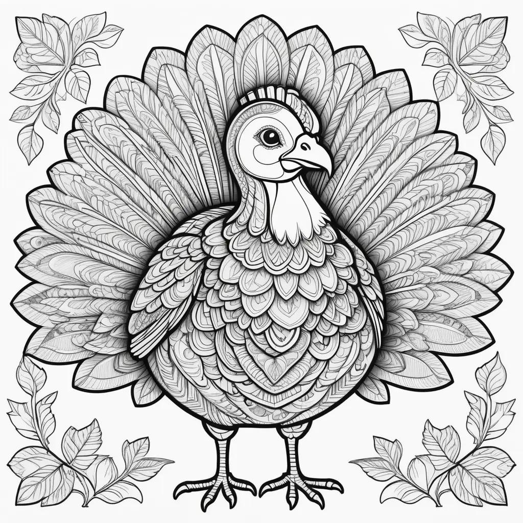 black and white turkey coloring page with leaves