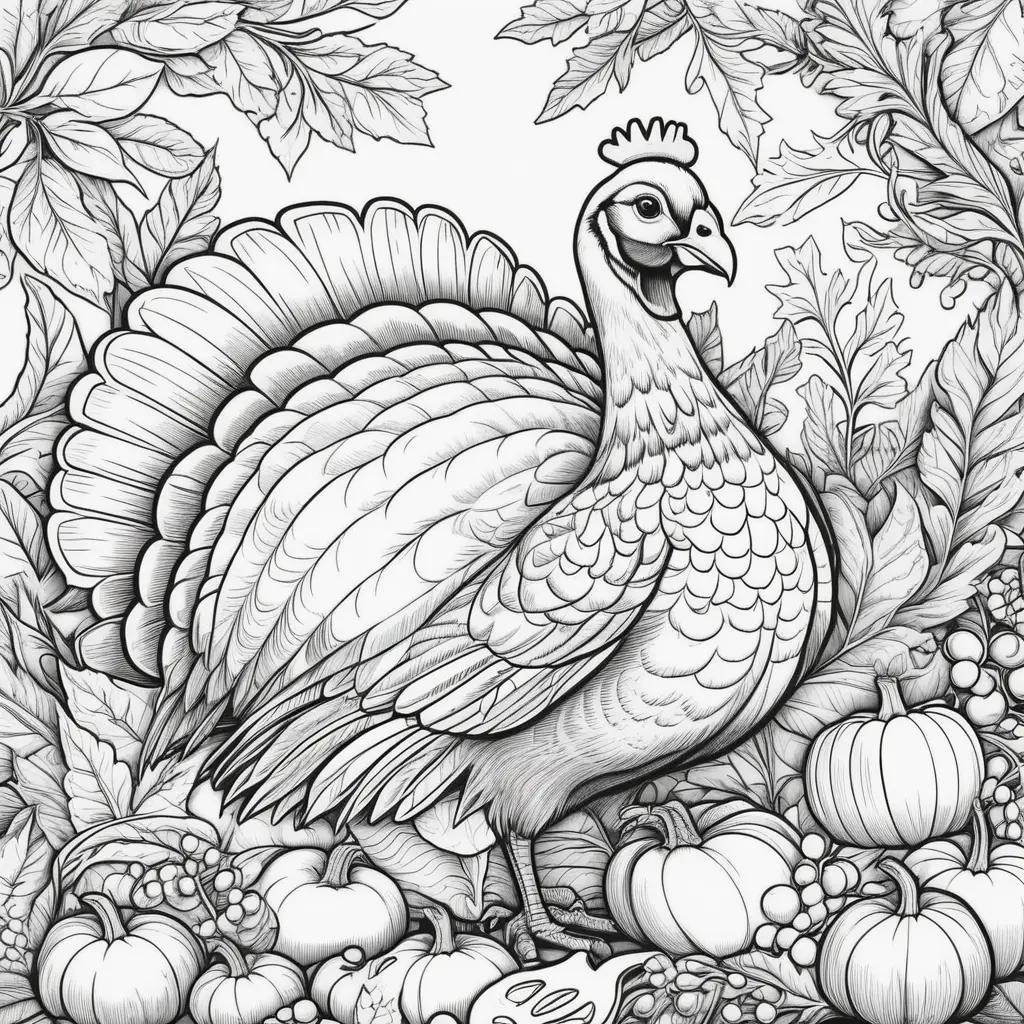 black and white turkey in a Thanksgiving coloring page