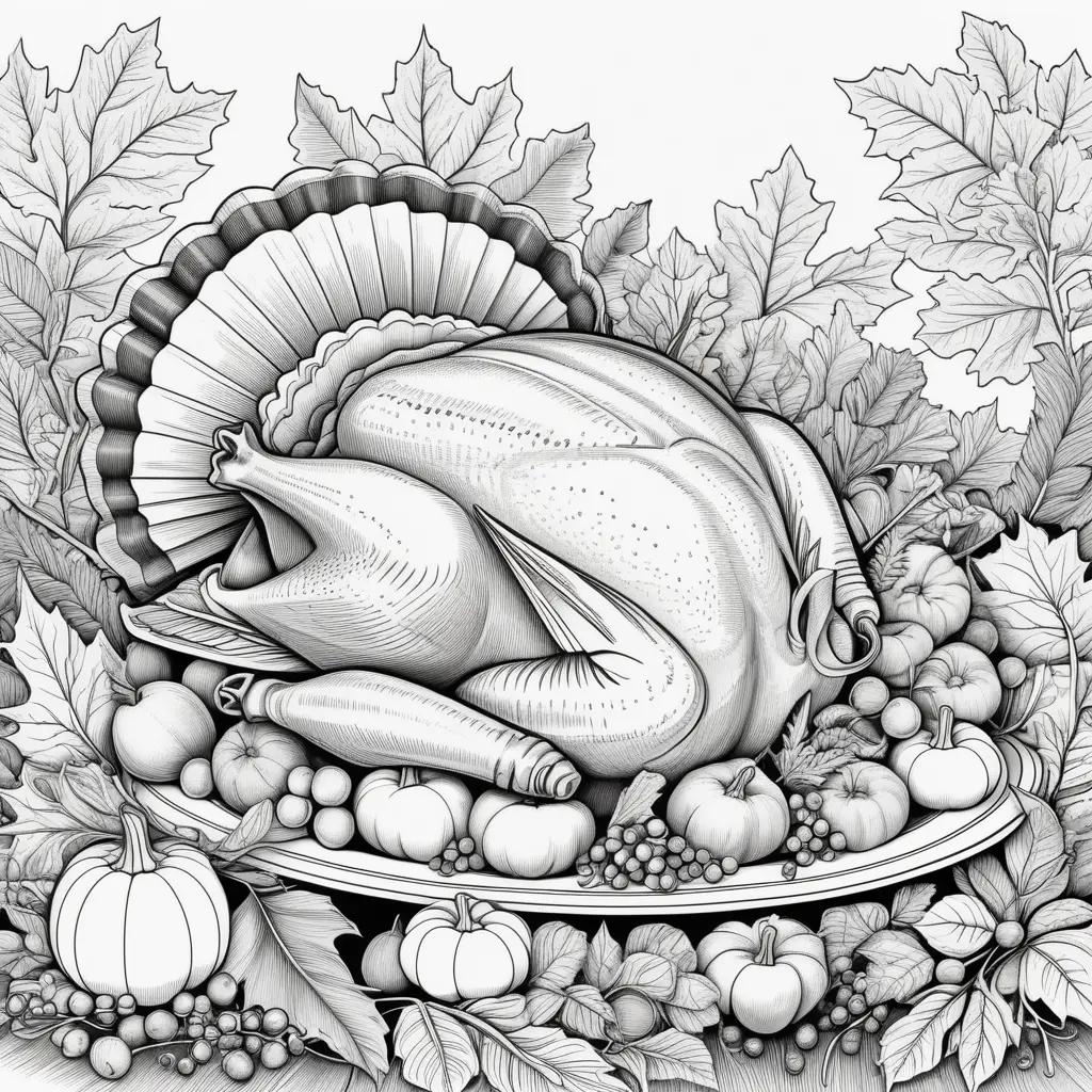 black and white turkey on a plate surrounded by autumn leaves