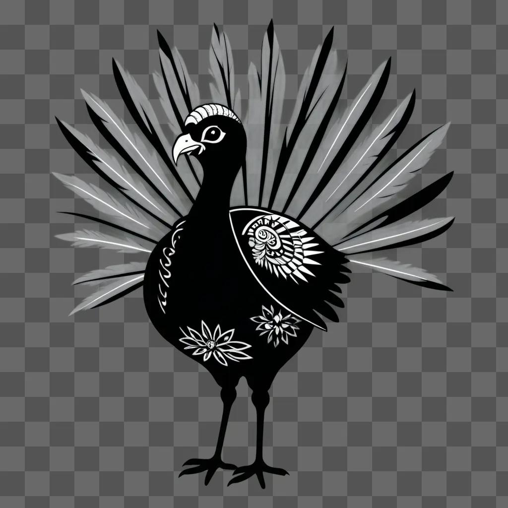 black and white turkey with a feather design