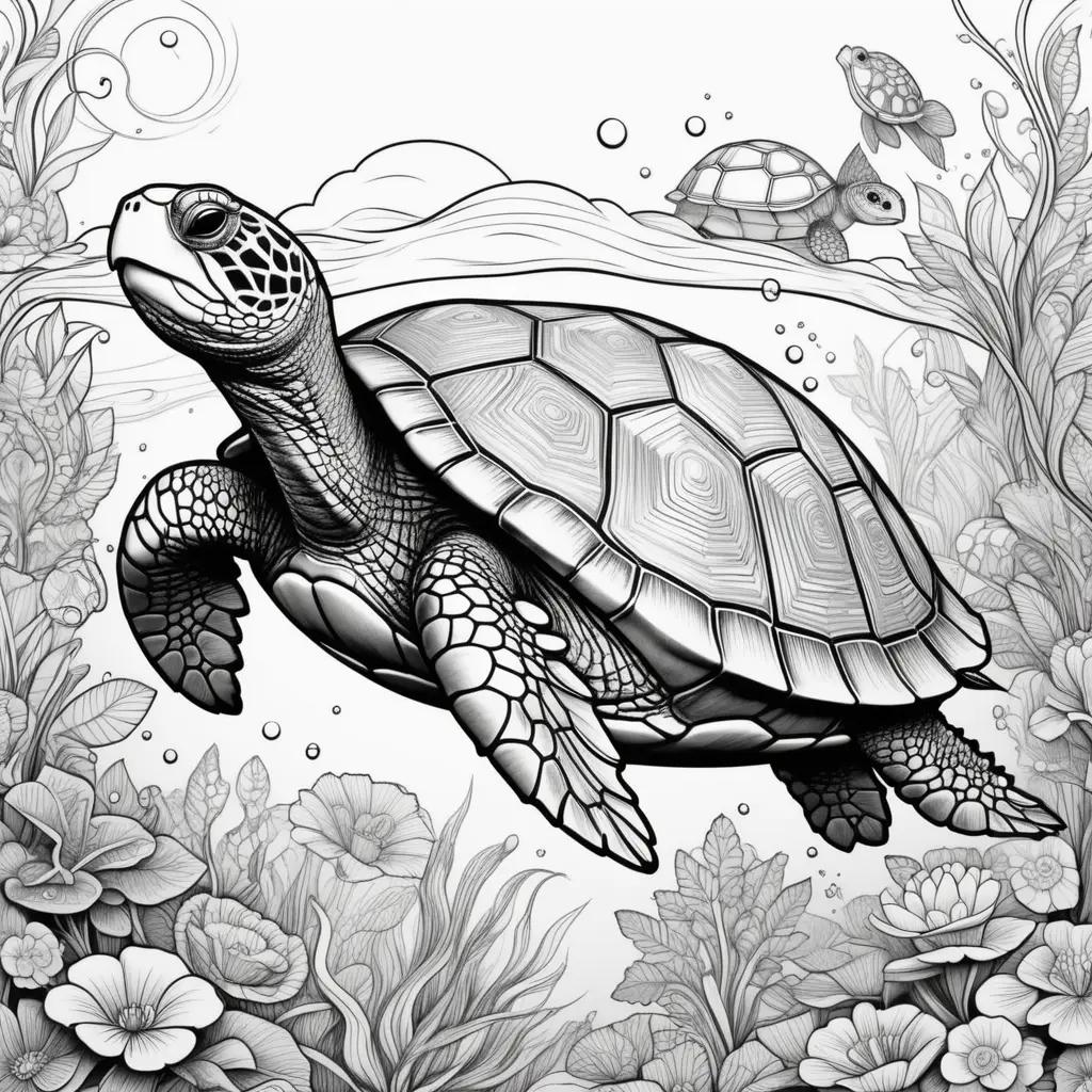 black and white turtle coloring page with flowers and bubbles