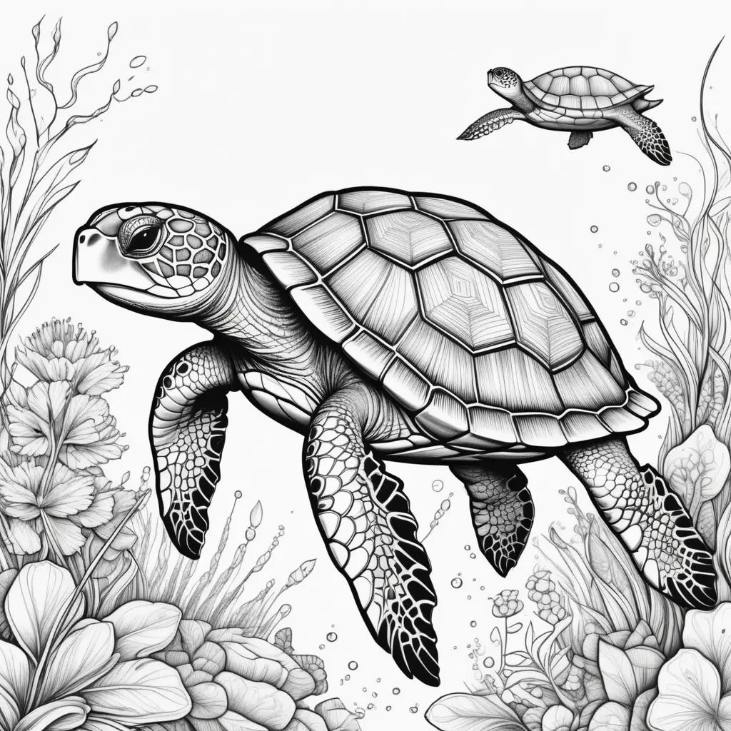 black and white turtle coloring page with flowers and seaweed