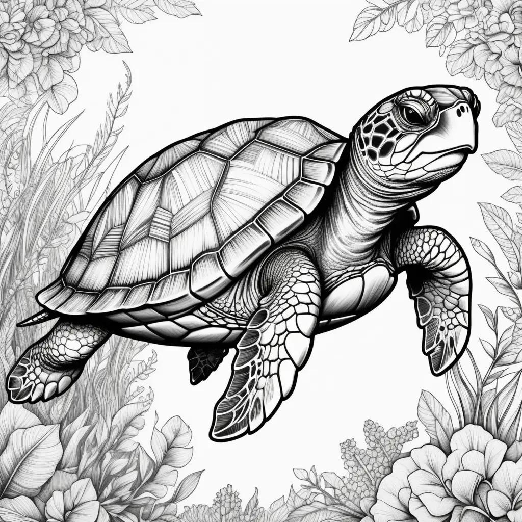 black and white turtle coloring page with flowers in the background