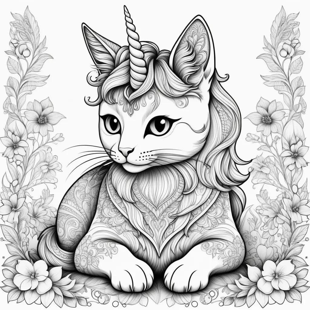 black and white unicorn cat coloring page