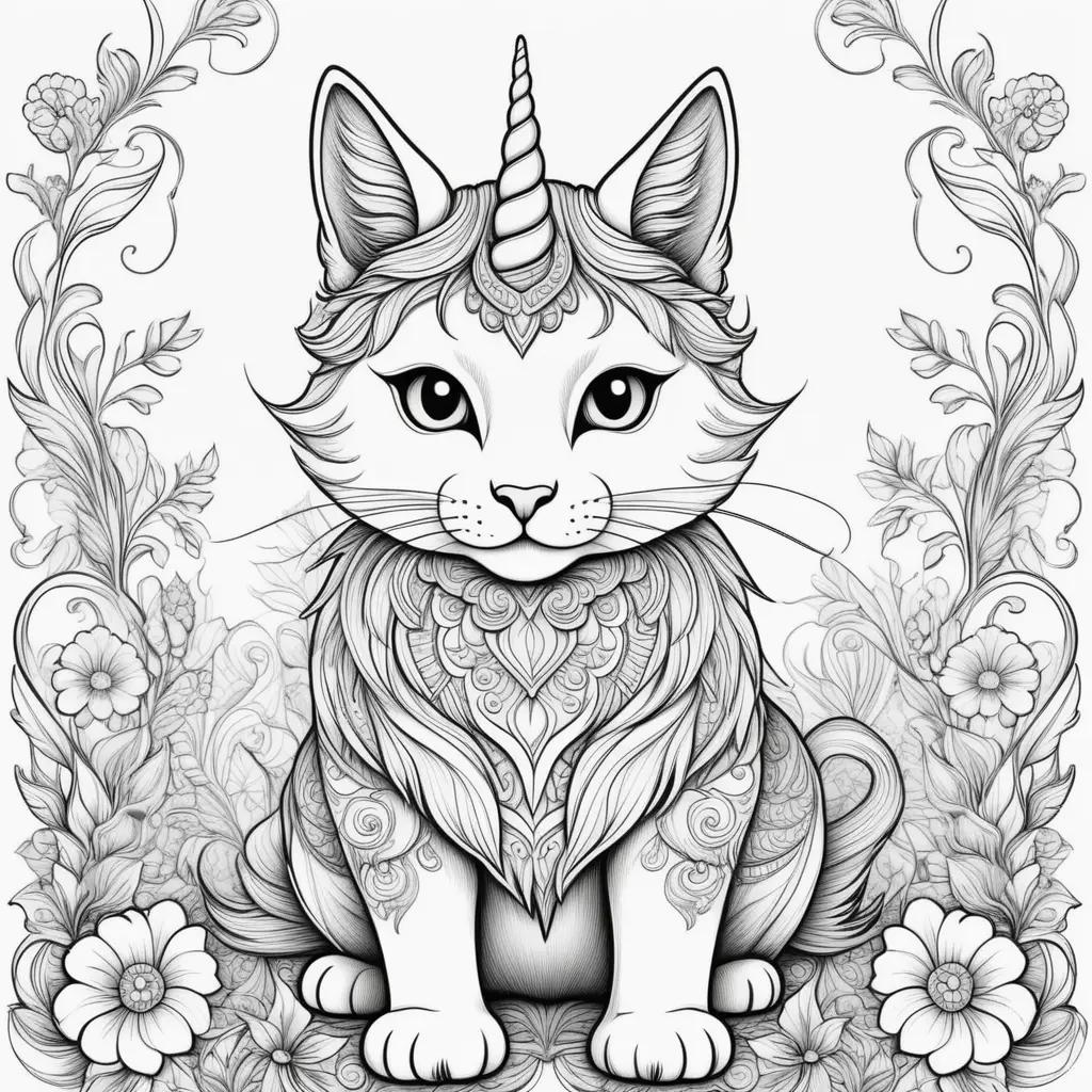 black and white unicorn cat coloring page