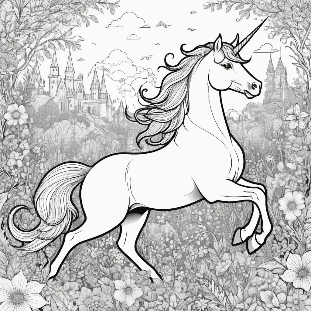 black and white unicorn coloring page in a garden