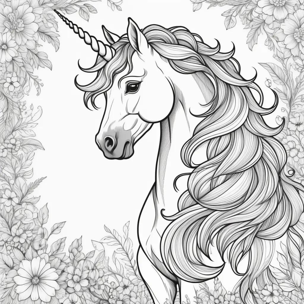 black and white unicorn coloring page with a floral frame