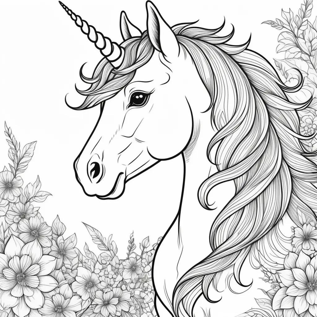 black and white unicorn coloring page with flowers