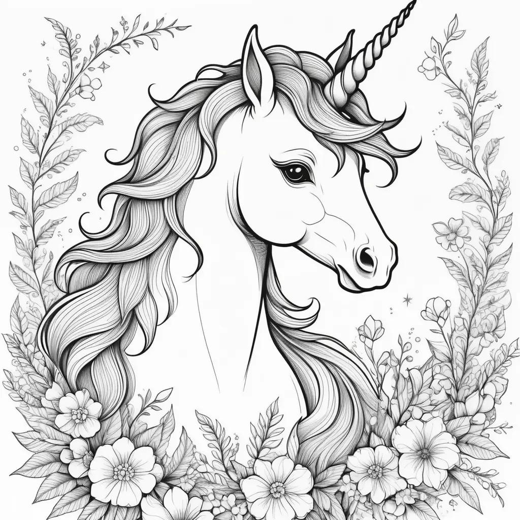 black and white unicorn coloring page with flowers