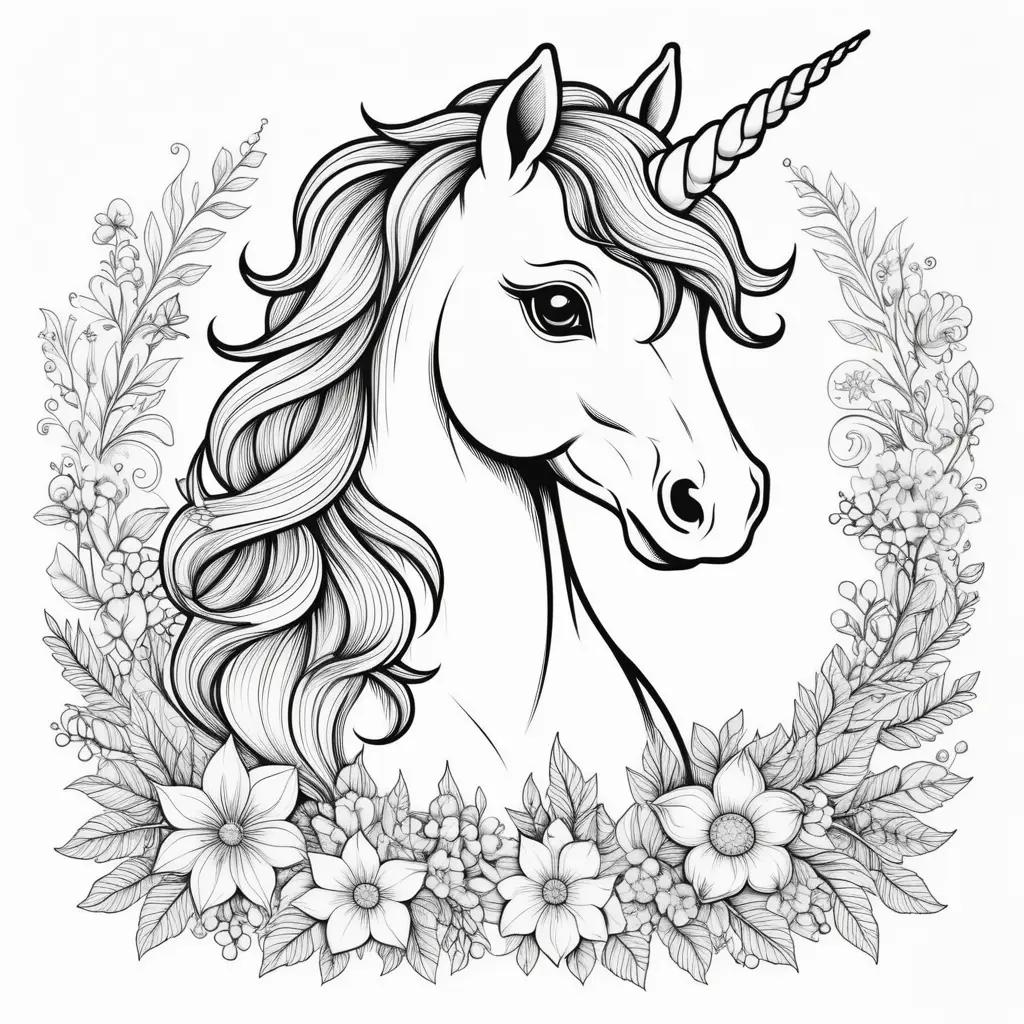 black and white unicorn coloring page with flowers