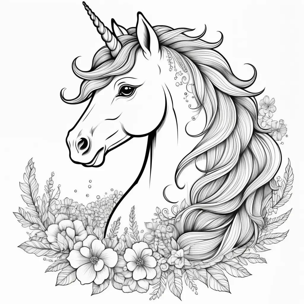 black and white unicorn head on a floral background